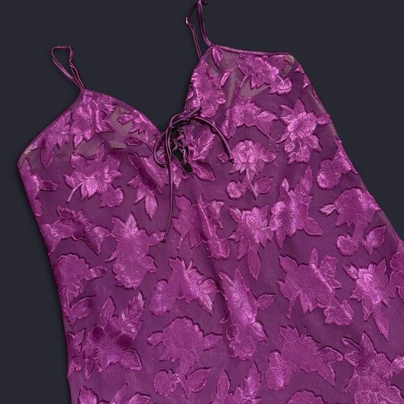 Y2K Secret Treasures Dark Plum Purple Sheer Mesh Floral Lace Up Mini Slip Dress - Picture 7 of 8